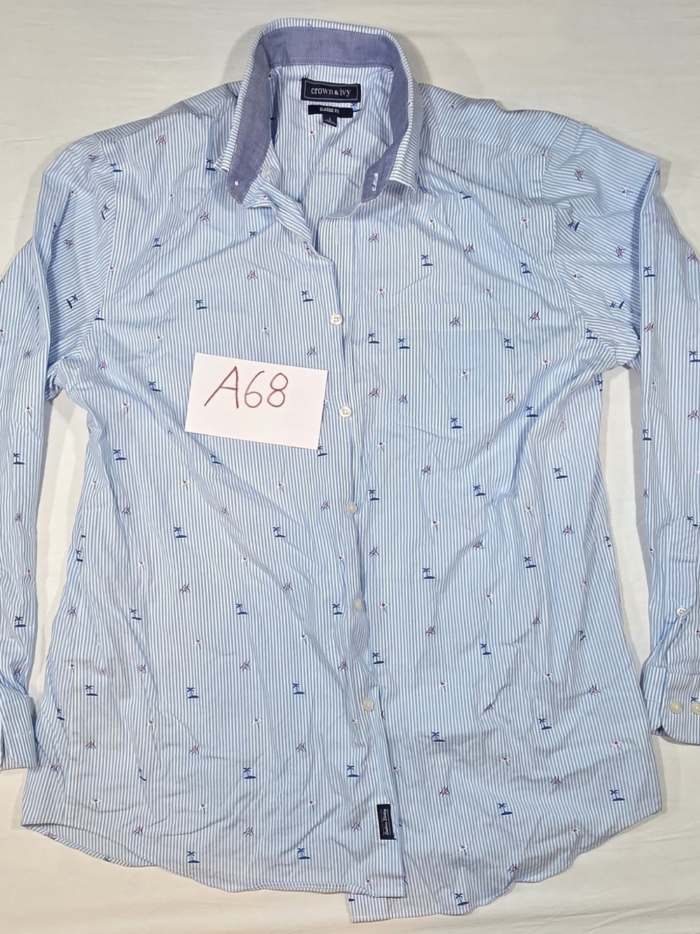 crown & ivy Light Blue Pinstripe Dress Shirt with Navy & Red Accents